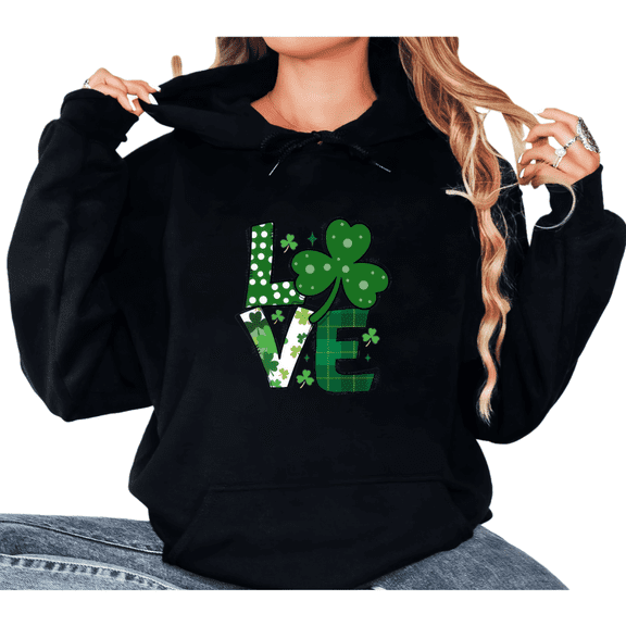 St Patricks Day Clover Love Print hoodie Graphic Sweatshirt Black S-2XL Womens Lucky Holiday Tops