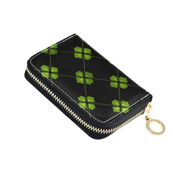 St Patricks Day Clovers on Black Background Women's Credit Card Holder PU Leather Zipper Wallet RFID Blocking
