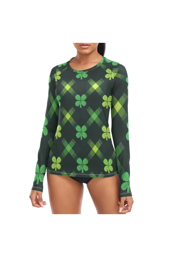 St Patricks Day Clovers with Plaids Women's Rash Guard Shirts UPF 50+ Sun Protection Clothing Long Sleeve Swim Suits M