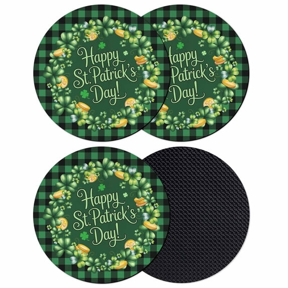 St Patricks Day Coasters Set of 4, Absorbent Coasters for Drinks, Spring Gold Coin Green Shamrock Plaid Coaster for Desk Coffee Table Protection, Home Decor House Warming Gifts 4"