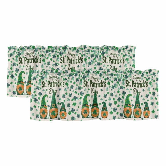 St Patricks Day Curtain Valances for Windows, Kitchen Valance Window Treatments Panel 2 Pack, Green Shamrock Spring Watercolor Gnomes Beige Rod Pocket Short Curtains for Bathroom Bedroom 42 x 18 Inch