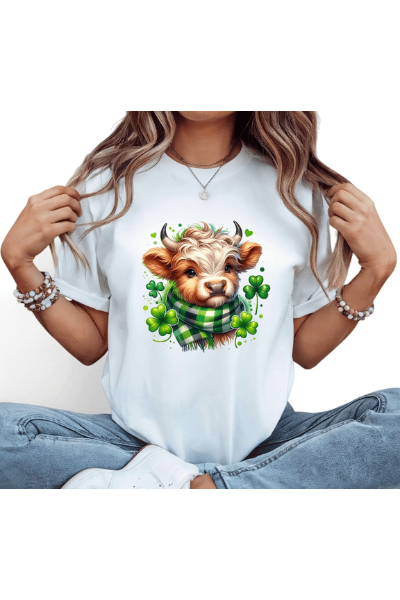 St Patricks Day Cute Highland Cow Print Tshirt Graphic Tees White Shirts S-5XL Womens Shamrock Scarf Lucky Irish Holiday Tops