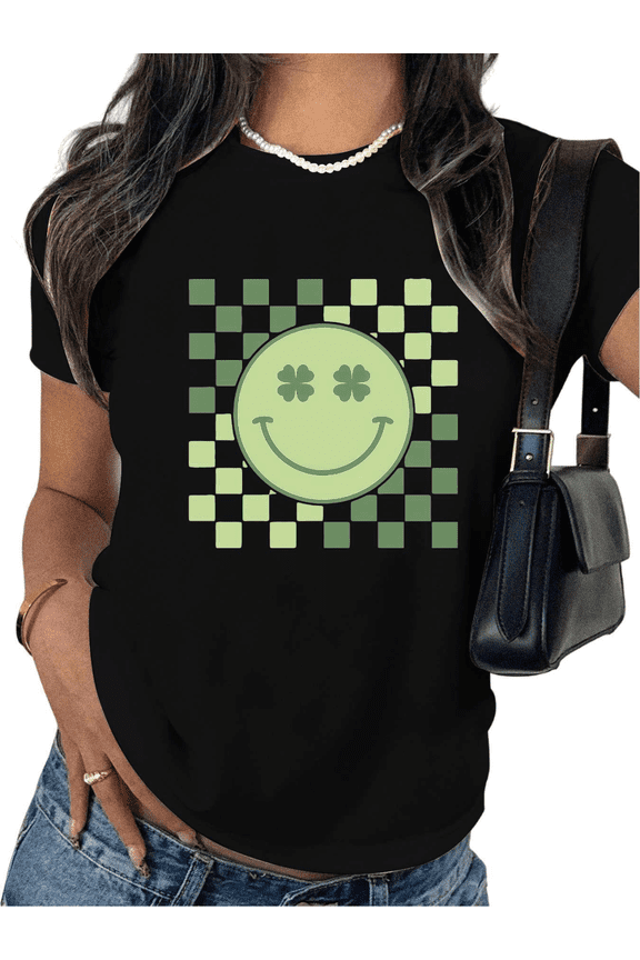 St Patricks Day Daily Green Checkered Smiley Face Shamrock Graphic Simple Minimalist Tees Shirts Ideal Tops Short Sleeve Black S-5XL