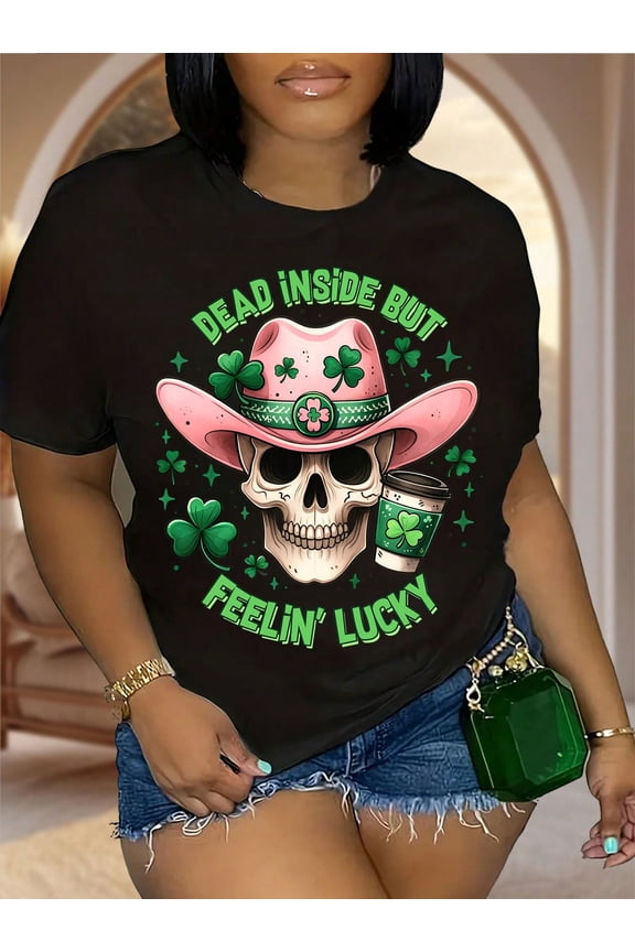 St Patricks Day Dead Inside Skull Pink Cowboy Hat Women Short Sleeve Graphic T-Shirt