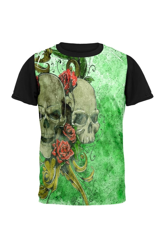St. Patricks Day Deadly Wild Irish Rose Skull Tattoo All Over Mens Black Back T Shirt Multi SM
