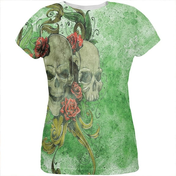 St. Patricks Day Deadly Wild Irish Rose Skull Tattoo All Over Womens T Shirt Multi LG