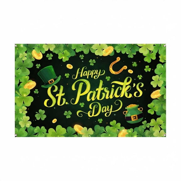 St Patricks Day Decor 3x5 FT St. Patrick's Day Flag Photography Background Shamrock Irish Pot of Gold Coins Divergent Backdrop Decorations Leprechaun Hat Gold Horseshoe Banner Photo Booth Props, A