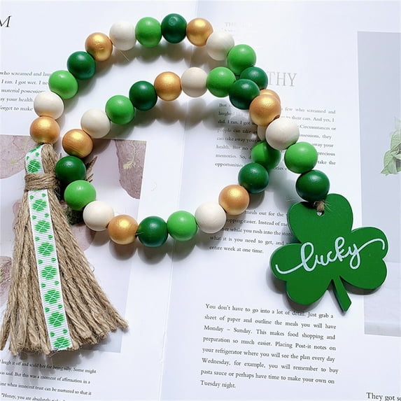St Patricks Day Decorations Garland, Gaqring Farmhouse Wood Bead Garland with Green Pendant Tassel, 27.5 Inch Irish Theme Beaded Decor for Tiered Tray Fireplace Living Room