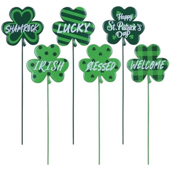 St Patricks Day Decorations Outdoor, Set of 6 Metal Shamrock Decorative Garden Stakes for St Patricks Day Decor, Lucky Saint Patricks Yard Signs for Garden Lawn Porch Pot Flowerbed