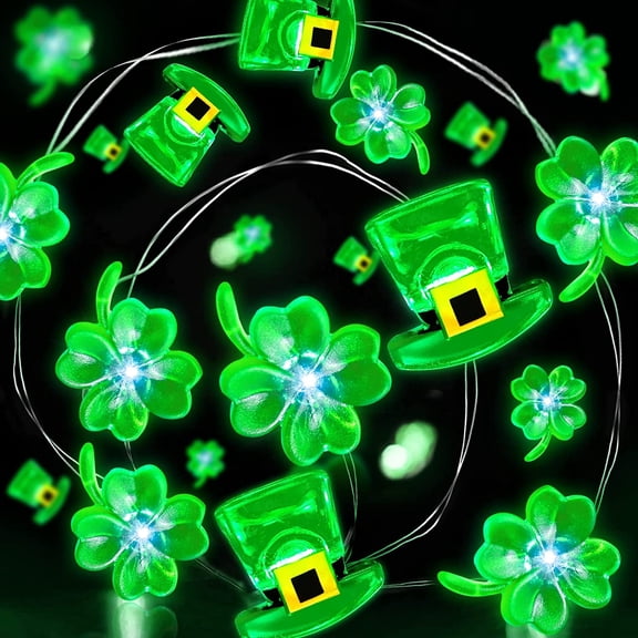 St Patricks Day Decorations Shamrocks Leprechaun Hat Lights 6.6FT 20LED Green Lucky Clover Fairy String Lights Battery Operated Irish St. Patrick's Day Decor Indoor Outdoor Home Bedroom Party