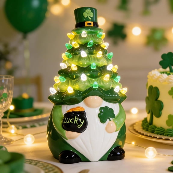 St Patricks Day Decorations, St Patricks Day Gnomes Ceramic Tree Lighted Gnome Leprechaun Decorations, Irish Shamrock Table Decor Gifts