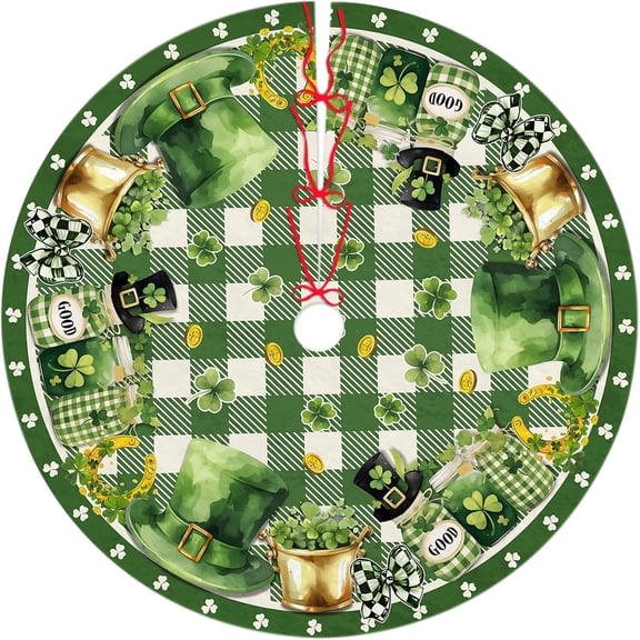St Patricks Day Decorations, St Patricks Day Tree Skirt Shamrock Three-Leaf Clover Gold Coins, St Patricks Day Ornaments for Tree, Green Buffalo Plaid Tree Skirt Lucky Cover for Spring Holiday (36 in)