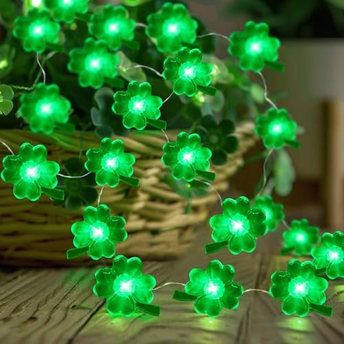St Patricks Day Decorations String Lights, 10FT 30LED Green Shamrock String Lights Battery Operated Fairy Lucky Clover Lights for Indoor Bedroom Party Feast of St. Patrick's Day Decorations
