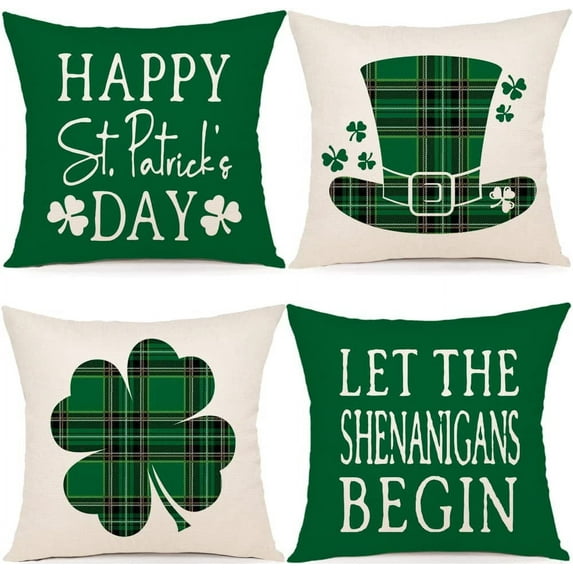 St Patricks Day Decorations Throw Pillow Covers 18x18 Set of 4 Scottish Tartan Plaid St Patricks Day Hat Farmhouse Classic Decorative Square Cushion Cases for Sofa Couch