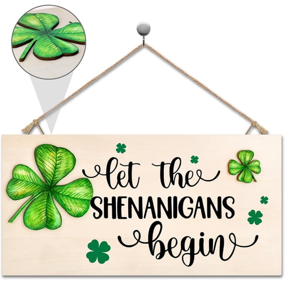 St Patricks Day Decorations Wood Sign with Two 3D Leaves Let the Shenanigans Begin Hanging Wooden Decor Lucky Shamrock Signs for Outdoor Home Door Rustic Farmhouse Party Indoor Wall Art Plaque Gift