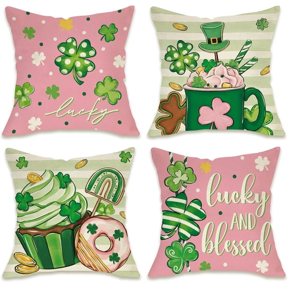 St Patricks Day Dessert Decorative Throw Pillow Covers 18 x 18 Set of 4, Cupcake Coffee Donut Lucky and Blessed Pink Outdoor Pillowcase, Spring Irish Shamrock Clover Cushion Case Home Decor
