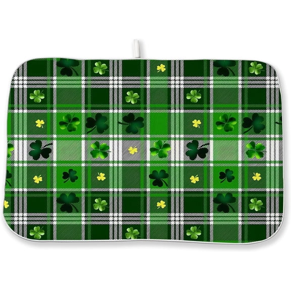 St. Patricks Day Dish Drying Mat 18 x 24 Inch Green Buffalo Plaid Shamrock Drying Mat for Kitchen Counter Absorbent Spring Gold Green Clover Dishes Dry Pad for Drainer Rack Kitchen Fast Dry