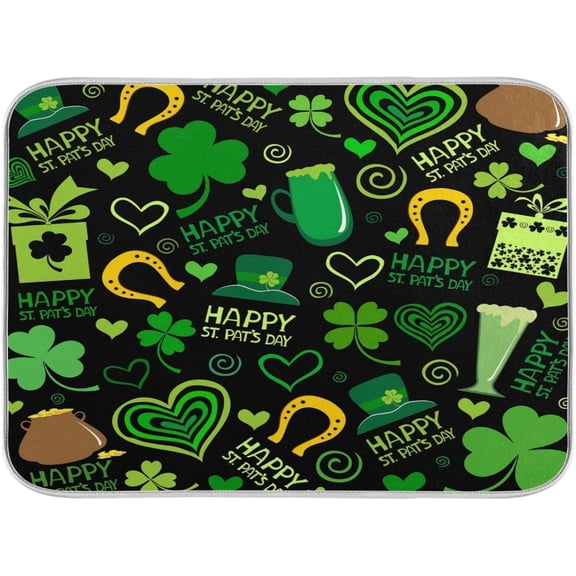 St. Patricks Day Dish Drying Mat for Kitchen Counter,Shamrocks Green Clover Leaves Ultra Absorbent Reversible Microfiber Dishes Drying Rack Pad Heat-resistant Mats 16x18in
