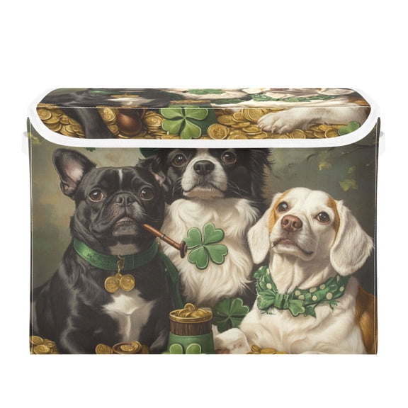 St Patricks Day Dogs Coins Clovers Foldable Storage Bin with Lid and Handle Collapsible Storage Box 16.5 x 12.6 x 11.8 inches
