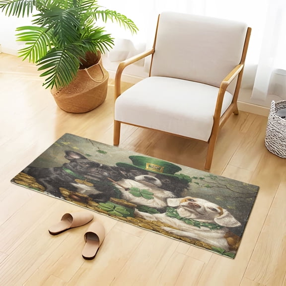 St Patricks Day Dogs Coins Clovers Plush Carpet Non Slip Runner Rug Absorbent Bath Mat 39" x 20"
