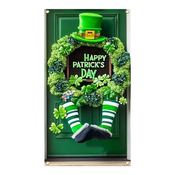 St Patricks Day Door Cover Banner Funny Leprechaun Green Hat Design for Indoor Outdoor lrish Party Decoration ( 71x35 in )