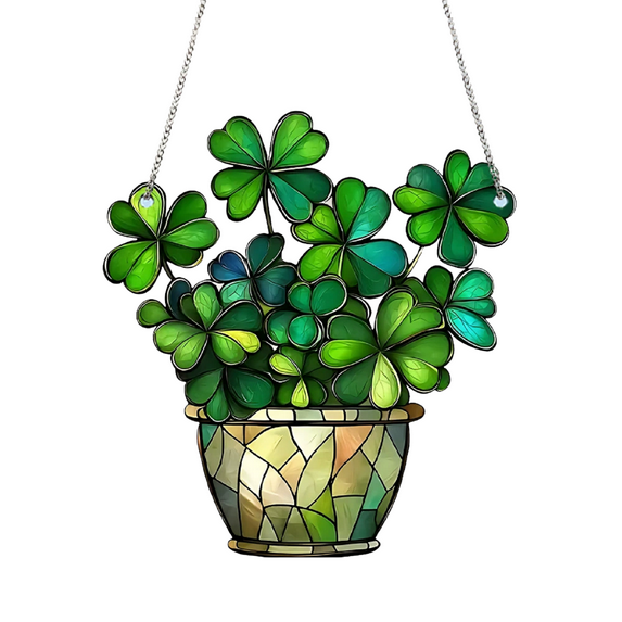 St Patricks Day Door Sign Shamrock Decor 2D Stained Glass Hanging Panel Shamrock Plant Design Decorative Window Pendant Ornament green