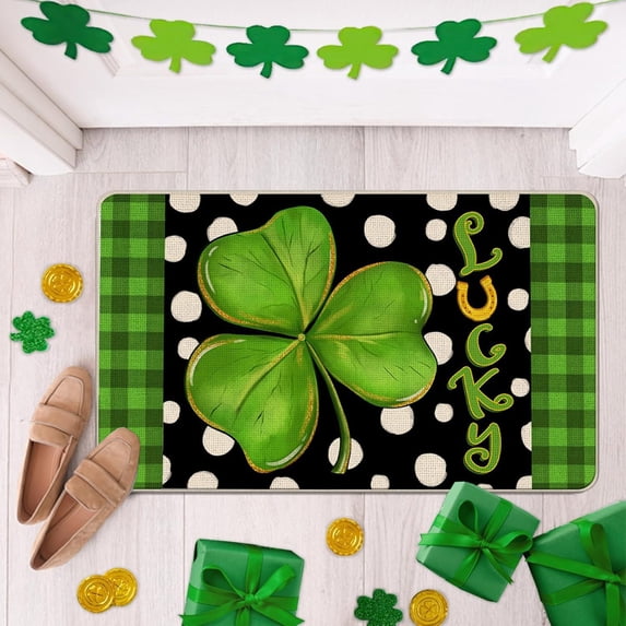 St Patricks Day Doormat 24" X 16" Irish Saint Patricks Day Front Door Mat Non-slip Entry Rug Buffalo Plaid Leprechaun Hat Door Mat Indoor Entrance Super Absorbent Welcome Mat for Front & Back Door