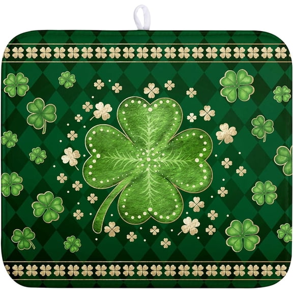 St Patricks Day Drying Mat for Kitchen Counter Shamrock Dish Drying Mats Lucky Clovers Green Plaid Dish Dryer Pad Absorbent Reversible Dish Drainer Rack Mat Kitchen Accessories 16x18 Inch