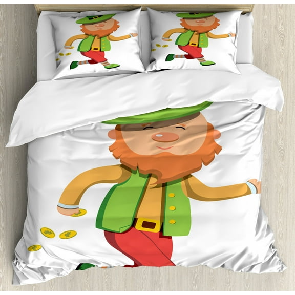 St Patricks Day Duvet Cover Set Queen Size, Leprechaun with Gold Coins Irish Folk Magic Character Celtic Myth Cartoon, Decorative 3 Piece Bedding Set with 2 Pillow Shams, Multicolor, by Ambesonne