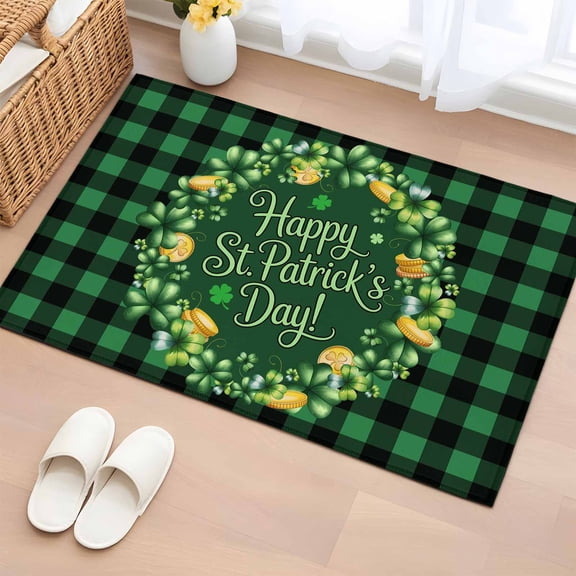 St Patricks Day Entryway Rug 2'x3'&nbsp; Non Slip Front Door Mats, Spring Gold Coin Green Shamrock Plaid Entrance Rugs Indoor Outdoor Carpet, Washable Floor Mats Small Area Rug for Bedroom Kitchen