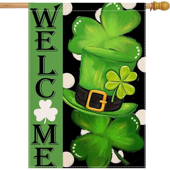 St Patricks Day Flag 28 X 40 Double Sided - Shamrock Hat St. Patrick''s Day Flag Burlap Large House Flag Outdoor March Irish Farmhouse Porch Decoration Decorative Flags for Outside