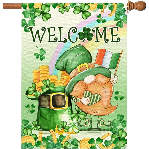 St Patricks Day Flag, St. Patrick''s Day Flags 28 x 40 Double Sided, Saint Patricks Day Burlap House Flag with Leprechaun Gnomes Shamrock Clover Green Hat Welcome Signs for Outdoor Lawn Garden Decor