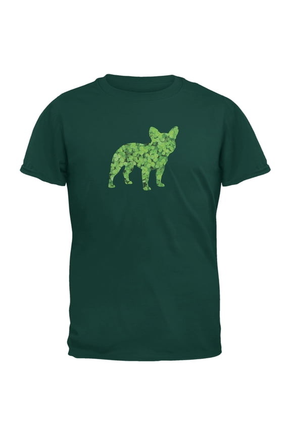 St. Patricks Day - French Bulldog Shamrock Forest Green Adult T-Shirt - Large