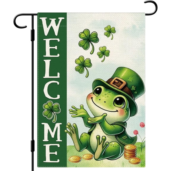 St Patricks Day Frog Garden Flag Double Sided Vertical Burlap Yard Sign 12 x 18 Inch with Shamrocks and Clovers for Spring Holiday Outdoor Decoration