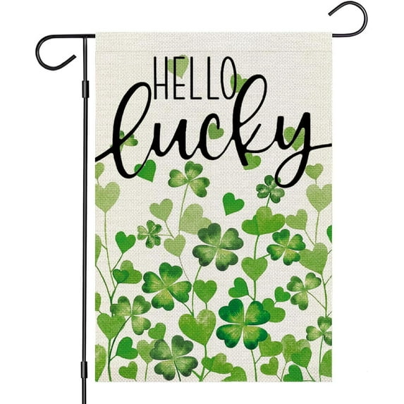 St Patricks Day Garden Flag Double Sided Hello Lucky Floral Shamrocks Saint Patricks Yard Flags for Farmhouse Front Porch Lawn Outdoor Decor