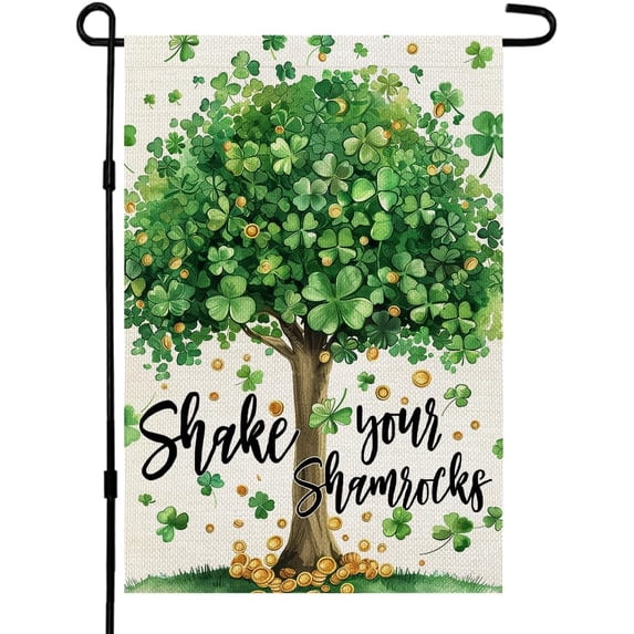St Patricks Day Garden Flag Shamrocks Tree 12x18 Inch Double Sided for Outside Small Burlap Green Clovers Holiday Yard Decoration