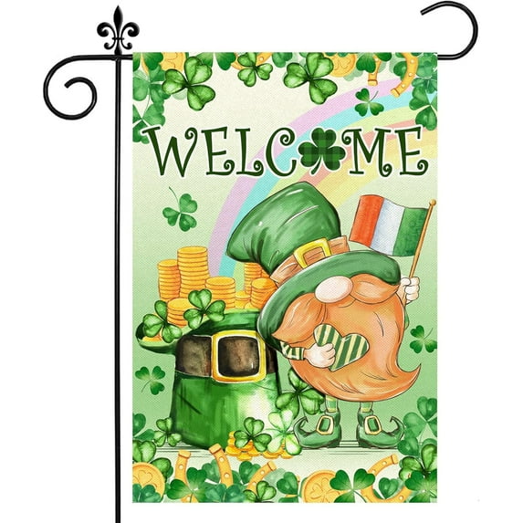 St Patricks Day Garden Flag, St Patricks Day Flag 12.5x18 Double Sided, St. Patrick''s Day Burlap Yard Flag with Gnomes Leprechaun Shamrock Irish Clover Welcome Vertical Signs for Outdoor Decorations