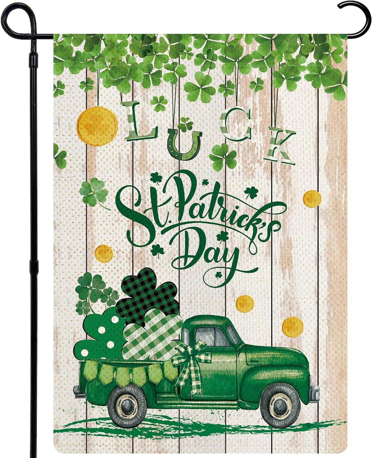 St. Patricks Day Garden Flags for Outside, Rustic Shamrock Green Truck ...