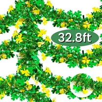 St Patricks Day Garland Green Gold Tinsel Garland Banner Hanging Shamrocks Décoration for Tree Mantle Fireplace Home Irish Party Supplies 32.8FT Design1