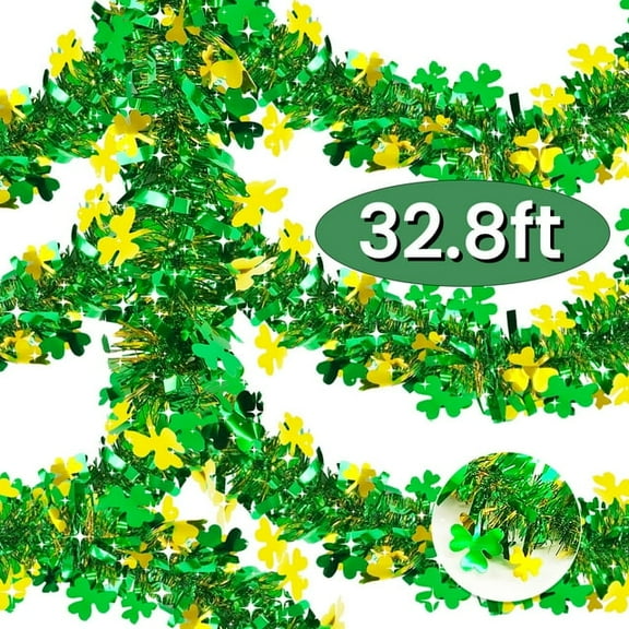 St Patricks Day Garland Green Gold Tinsel Garland Banner Hanging Shamrocks Décoration for Tree Mantle Fireplace Home Irish Party Supplies 32.8FT Design1