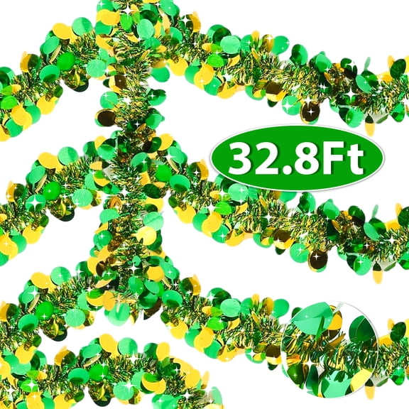 St Patricks Day Garland Green Gold Tinsel Garland Banner Hanging Shamrocks Décoration for Tree Mantle Fireplace Home Irish Party Supplies 32.8FT Design3