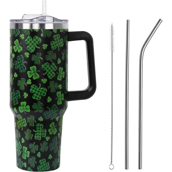 St Patricks Day Gifts 40 oz Tumbler with Handle and Straw Lid,Cute St Patrick''s Day Spring Gift for Women Men Black Shamrock Vacuum Insulated Leak Proof Stainless Steel Coffee Cup Mug