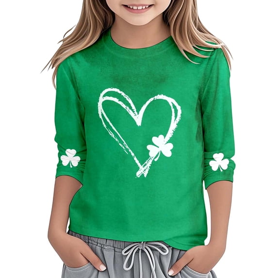 St Patricks Day Girls Print Split Sleeve Top Long Sleeve Tee with Four Leaf for Kids Holiday Party Three Quarter Sleeve Crew Neck Green 4 Years-5 Years