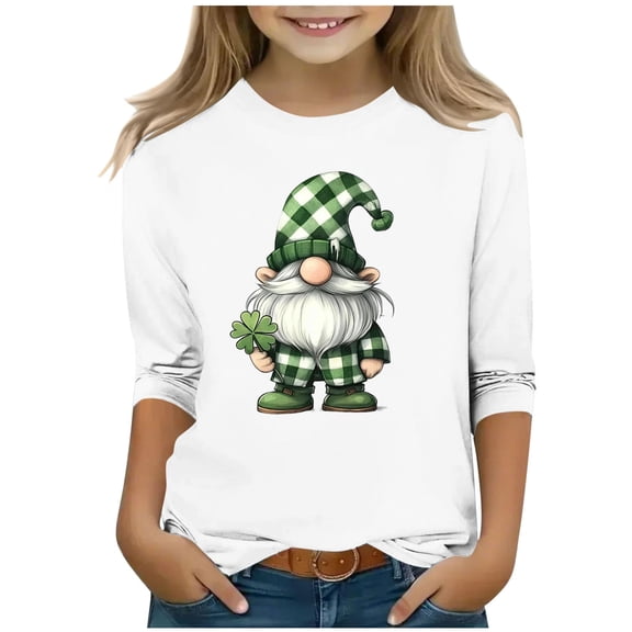 St Patricks Day Girls White Cold Shoulder 3/4 Sleeve Gnome Four Leaf Clover Relaxed Fit Casual Tee for 4-12Y Girls,Size 5-6T