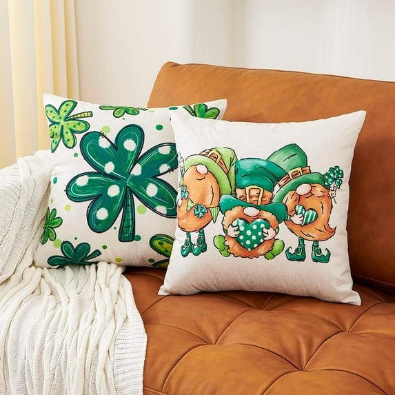 St Patricks Day Gnome Throw Pillow Covers 18x18 Set of 2 Green Lucky Shamrock Pillow Covers Saint Patricks Day Gnome Decor for Home Couch and Sofa