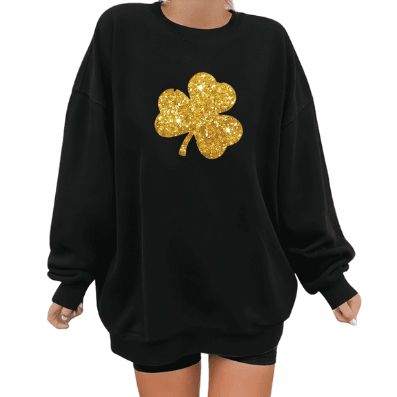 St Patricks Day Gold Glitter Clover Print Sweatshirt Graphic Sweatshirt Shirts Oversized Soft Fit Holiday Celebration Casual Wear Black S-3XL Tops