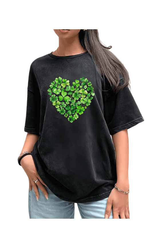 Breathable St Patricks Day Graphic Tees Shirts Gradient Four Leaf Clover Heart Stylish Party Tops Black S-2XL Plus Size
