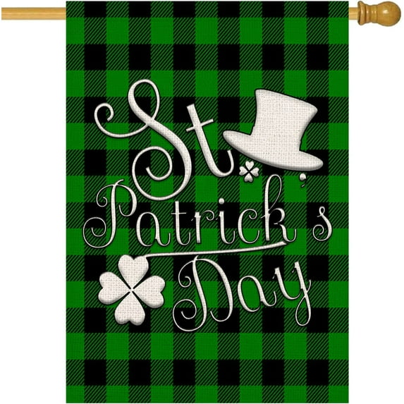 St Patricks Day Green Black Buffalo Plaid Clover Magic Hat House Flag Vertical Double Sided St Patricks Day Yard Outdoor Decoration 28 x 40 Inch (HF-D)