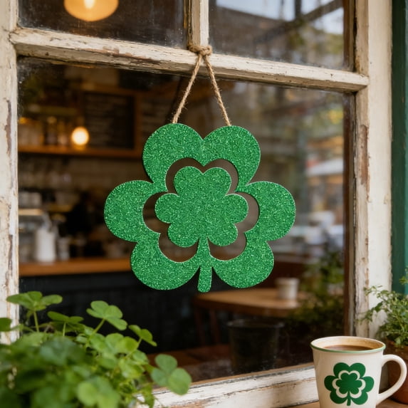 St Patricks Day Green Clover Door Hanger - Irish Festival Hanging Ornament for Home Wall & Porch Decor, Festive Greenery Door Decor, Durable St Paddys Day Party Decoration, 9*8in, Green
