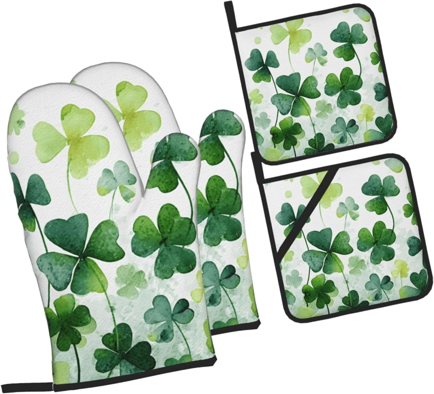 St Patricks Day Green Clovers Oven Mitts and Pot Holders Sets Lucky Shamrock Kitchen Mittens Heat Resistant Cooking Oven Gloves Non-Slip Hot Pads for Baking Hot Pans Decor